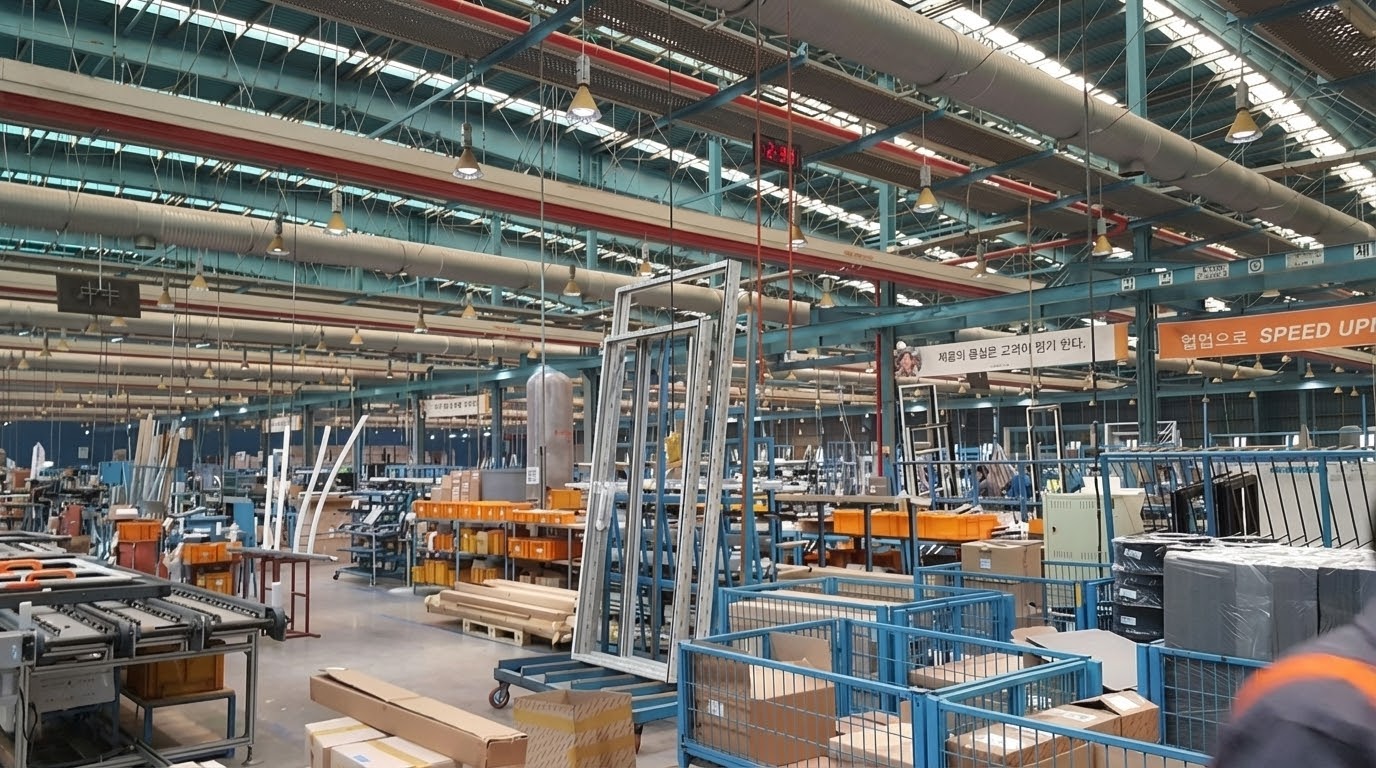 Image of a factory with many storage bins of components and work in progress. It shows no kanbans or IT systems that might help with flow and efficiency.